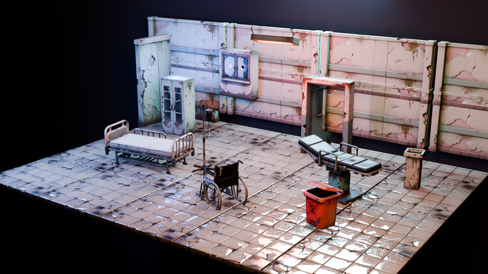 Abandoned Hospital Unity scene with cracked modular walls, a hospital bed, wheelchair, operating table, and medical waste bin.